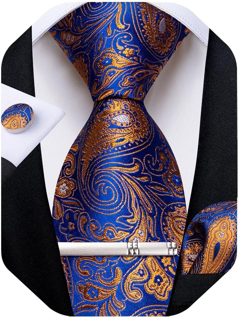 DiBanGu Paisley Ties for Men Silk Necktie and Pocket Square Cufflinks Tie Clip Set Woven Classic Mens Tie for Wedding Party - Image 1